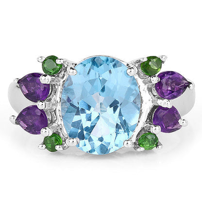 4.00 Carat Genuine Swiss Blue Topaz, Chrome Diopside &amp; Amethyst .925 Sterling Silver Ring  DestGlow