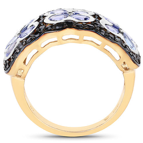14K Yellow Gold Plated 2.60 Carat Genuine Tanzanite and Black Spinel .925 Sterling Silver Ring by Bids.com