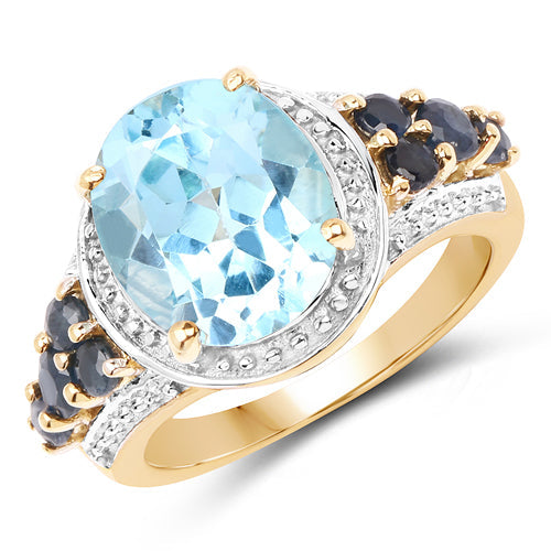 14K Yellow Gold Plated 5.80 Carat Genuine Blue Topaz &amp; Blue Sapphire .925 Sterling Silver Ring  DestGlow