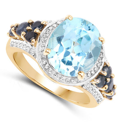 14K Yellow Gold Plated 5.80 Carat Genuine Blue Topaz &amp; Blue Sapphire .925 Sterling Silver Ring  DestGlow