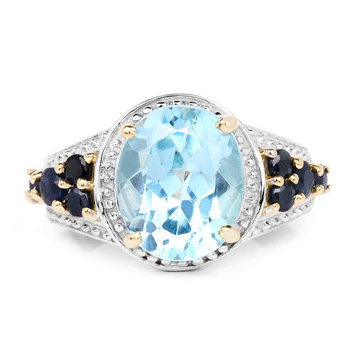 14K Yellow Gold Plated 5.80 Carat Genuine Blue Topaz &amp; Blue Sapphire .925 Sterling Silver Ring  DestGlow