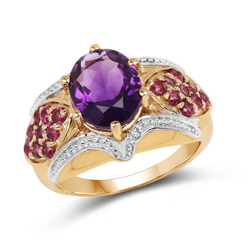 14K Yellow Gold Plated 3.01 Carat Genuine Amethyst &amp; Rhodolite .925 Sterling Silver Ring  DestGlow