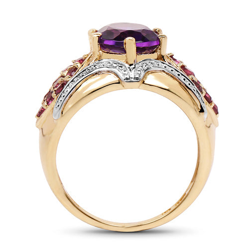 14K Yellow Gold Plated 3.01 Carat Genuine Amethyst &amp; Rhodolite .925 Sterling Silver Ring  DestGlow