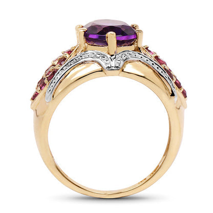 14K Yellow Gold Plated 3.01 Carat Genuine Amethyst &amp; Rhodolite .925 Sterling Silver Ring  DestGlow