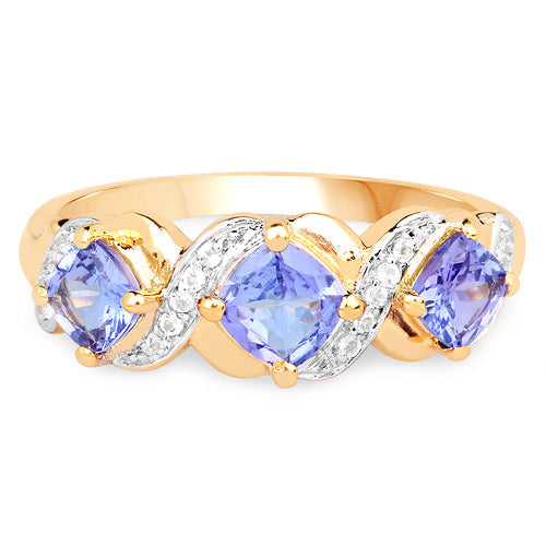 14K Yellow Gold Plated 1.20 Carat Genuine Tanzanite and White Topaz .925 Sterling Silver Ring  DestGlow