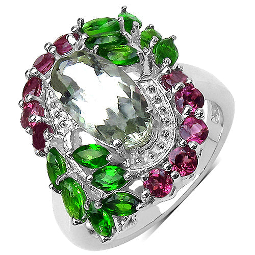 3.64 Carat Genuine Green Amethyst, Chrome Diopside and Rhodolite .925 Sterling Silver Ring by Bids.com