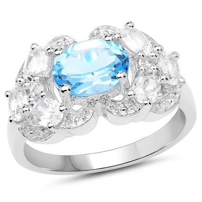 3.20 Carat Genuine Blue Topaz and White Zircon .925 Sterling Silver Ring  DestGlow