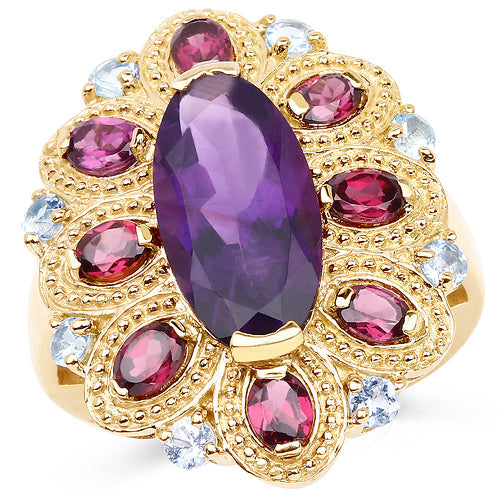 14K Yellow Gold Plated 6.80 Carat Genuine Amethyst, Rhodolite &amp; Blue Topaz .925 Sterling Silver Ring by Bids.com