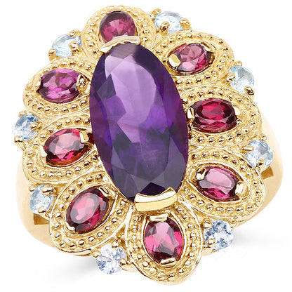 14K Yellow Gold Plated 6.80 Carat Genuine Amethyst, Rhodolite &amp; Blue Topaz .925 Sterling Silver Ring by Bids.com