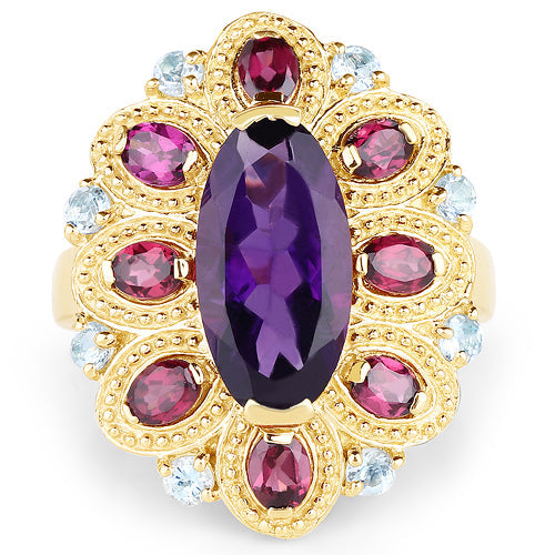 14K Yellow Gold Plated 6.80 Carat Genuine Amethyst, Rhodolite &amp; Blue Topaz .925 Sterling Silver Ring by Bids.com