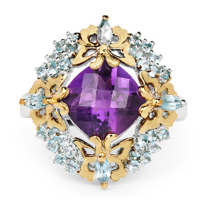 Two Tone Plated 4.45 Carat Genuine Amethyst &amp; Blue Topaz .925 Sterling Silver Ring  DestGlow