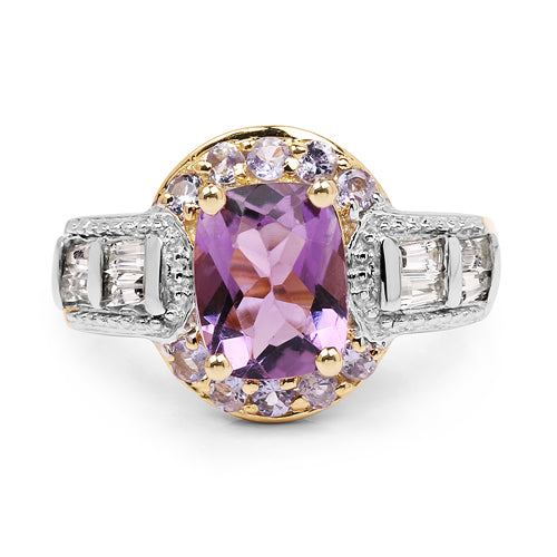 14K Yellow Gold Plated 2.28 Carat Genuine Amethyst, Tanzanite And White Topaz .925 Sterling Silver Ring by Bids.com
