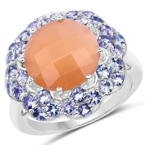 7.20 Carat Genuine Peach Moonstone and Tanzanite .925 Sterling Silver Ring by Bids.com