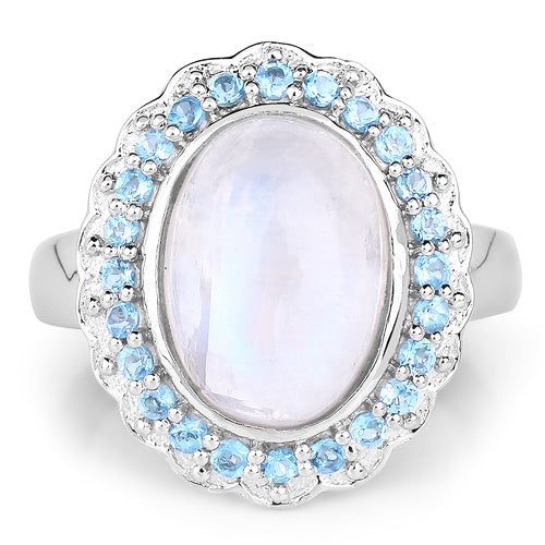 7.21 Carat Genuine White Rainbow Moonstone &amp; Swiss Blue Topaz .925 Sterling Silver Ring by Bids.com
