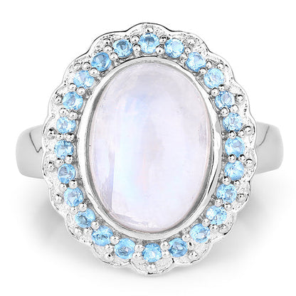 7.21 Carat Genuine White Rainbow Moonstone &amp; Swiss Blue Topaz .925 Sterling Silver Ring by Bids.com