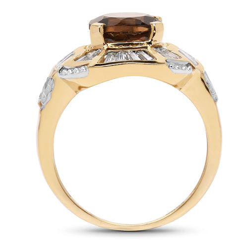 14K Yellow Gold Plated 4.18 Carat Genuine Smoky Quartz &amp; White Topaz .925 Sterling Silver Ring  DestGlow