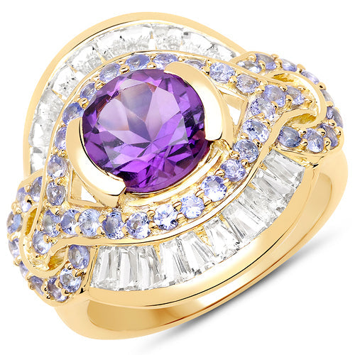 14K Yellow Gold Plated 3.93 Carat Genuine Amethyst, Tanzanite and White Topaz .925 Sterling Silver Ring by Bids.com