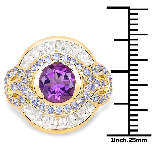 14K Yellow Gold Plated 3.93 Carat Genuine Amethyst, Tanzanite and White Topaz .925 Sterling Silver Ring by Bids.com