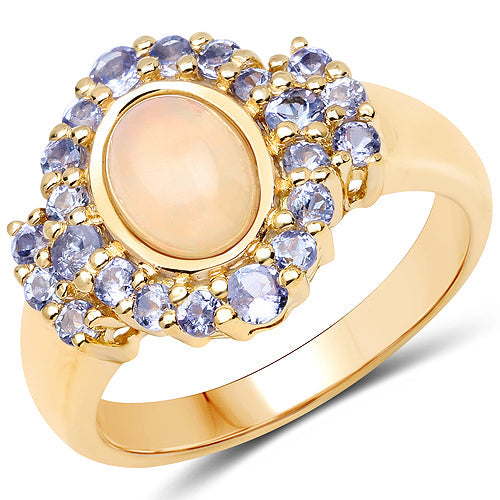 14K Yellow Gold Plated 1.74 Carat Genuine Ethiopian Opal and Tanzanite .925 Sterling Silver Ring by Bids.com