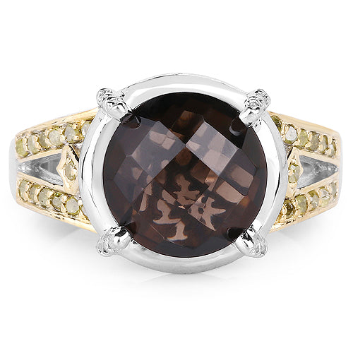 3.28 Carat Genuine Smoky Quartz, Yellow Diamond &amp; White Diamond .925 Sterling Silver Ring by Bids.com