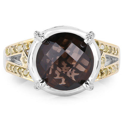 3.28 Carat Genuine Smoky Quartz, Yellow Diamond &amp; White Diamond .925 Sterling Silver Ring by Bids.com