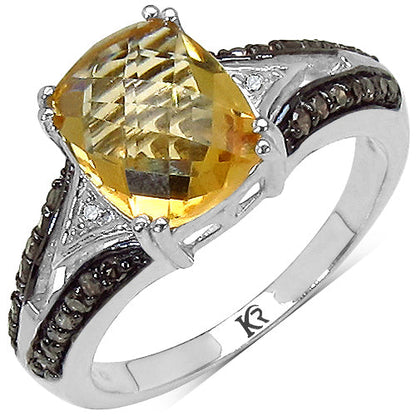 2.82 Carat Genuine Citrine, Champagne Diamond &amp; White Diamond .925 Sterling Silver Ring by Bids.com