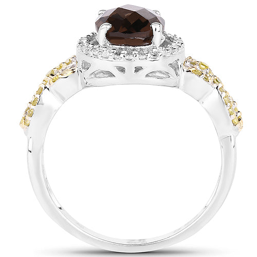 1.90 Carat Genuine Smoky Quartz, Yellow Diamond &amp; White Diamond .925 Sterling Silver Ring by Bids.com