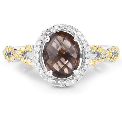 1.90 Carat Genuine Smoky Quartz, Yellow Diamond &amp; White Diamond .925 Sterling Silver Ring by Bids.com