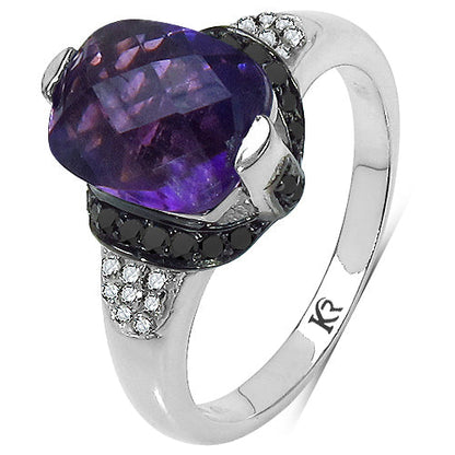 3.71 Carat Genuine Amethyst, Black Diamond &amp; White Diamond .925 Sterling Silver Ring by Bids.com