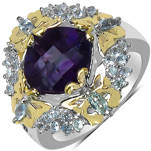 3.91 Carat Genuine Amethyst, Blue Topaz &amp; White Diamond .925 Sterling Silver Ring by Bids.com