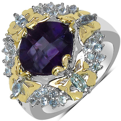 3.91 Carat Genuine Amethyst, Blue Topaz &amp; White Diamond .925 Sterling Silver Ring by Bids.com
