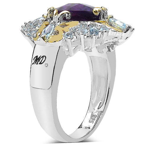 3.91 Carat Genuine Amethyst, Blue Topaz &amp; White Diamond .925 Sterling Silver Ring by Bids.com