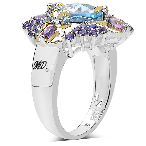 5.66 Carat Genuine Blue Topaz, Amethyst &amp; White Diamond .925 Sterling Silver Ring by Bids.com