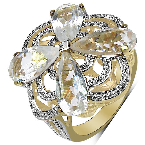 14K Yellow Gold Plated 6.69 Carat Genuine Crystal Quartz &amp; White Diamond .925 Sterling Silver Ring by Bids.com