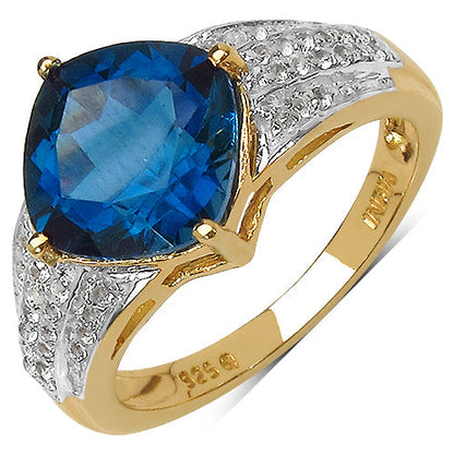18K Yellow Gold Plated 3.83 Carat Genuine London Blue Topaz &amp; White Topaz .925 Sterling Silver Ring by Bids.com