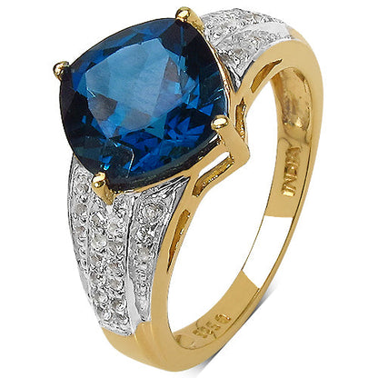 18K Yellow Gold Plated 3.83 Carat Genuine London Blue Topaz &amp; White Topaz .925 Sterling Silver Ring by Bids.com