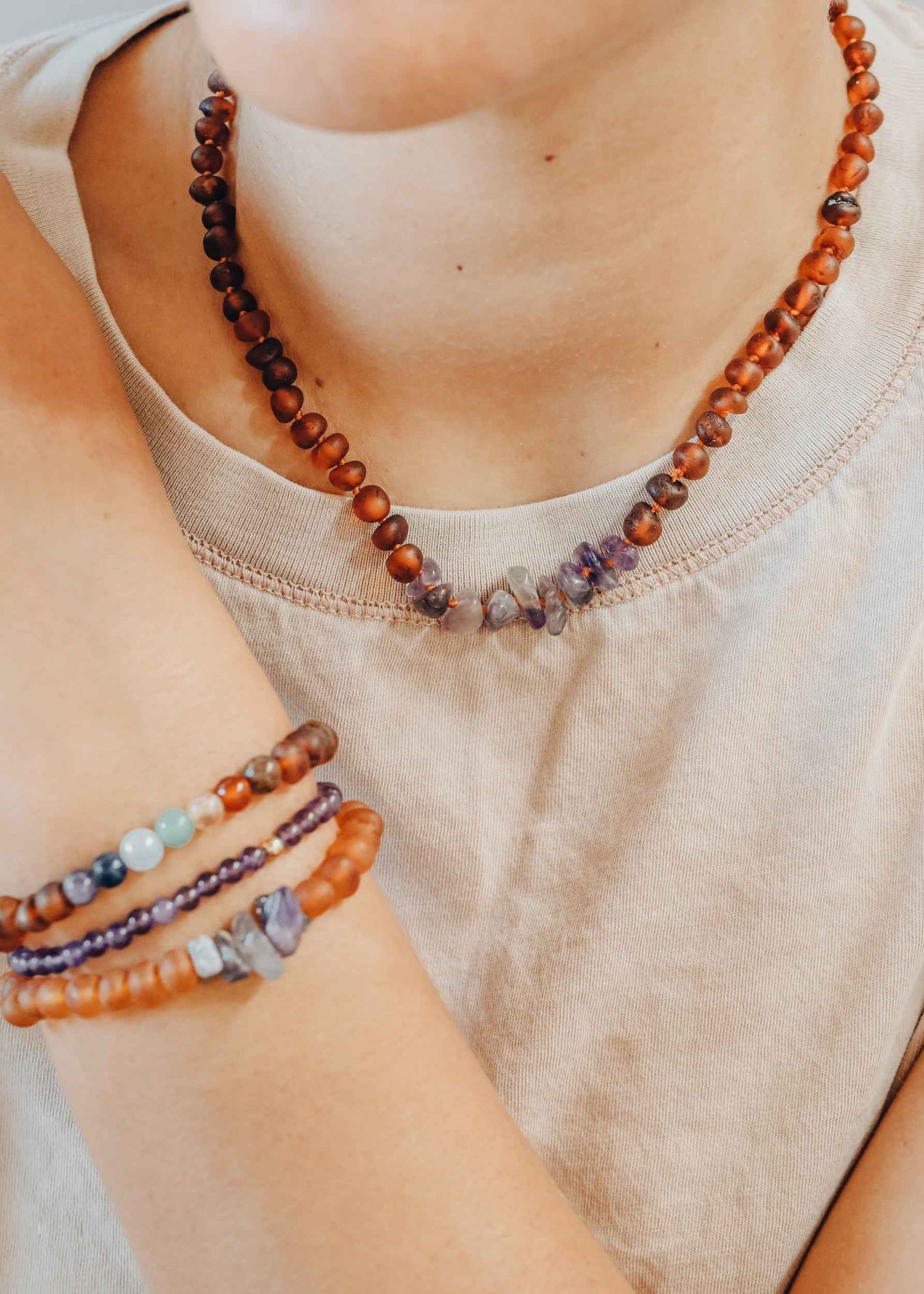 Raw Cognac Baltic Amber + Raw Amethyst || Adult Bracelet