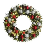 Pre-Decorated Christmas Wreath with Warm White Lights Red/White/Silver