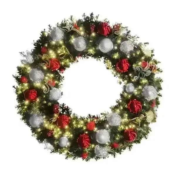 Pre-Decorated Christmas Wreath with Warm White Lights Red/White/Silver