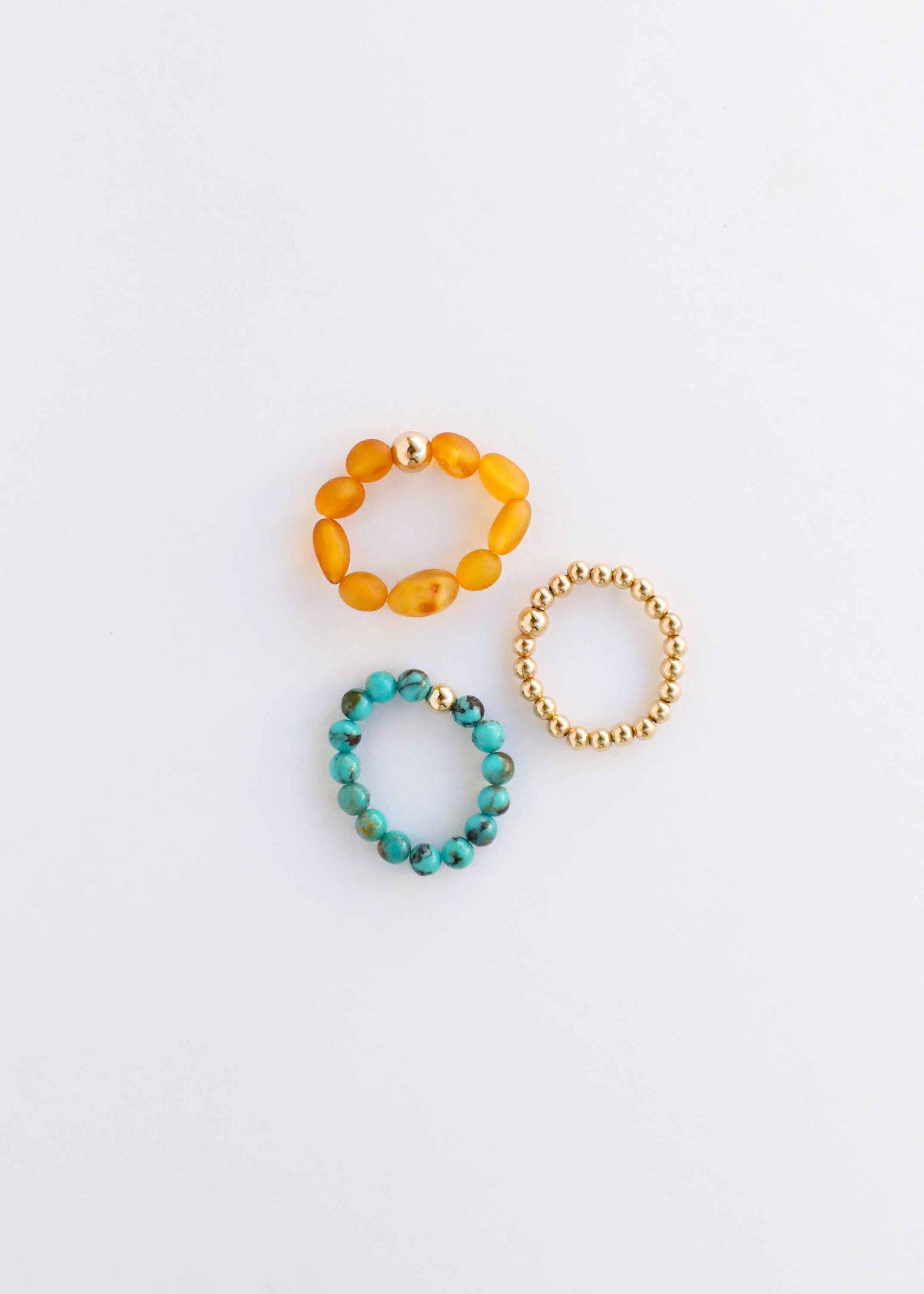 Natural Turquoise + 14k Gold Filled + Honey Amber || Ring Set Trio ||