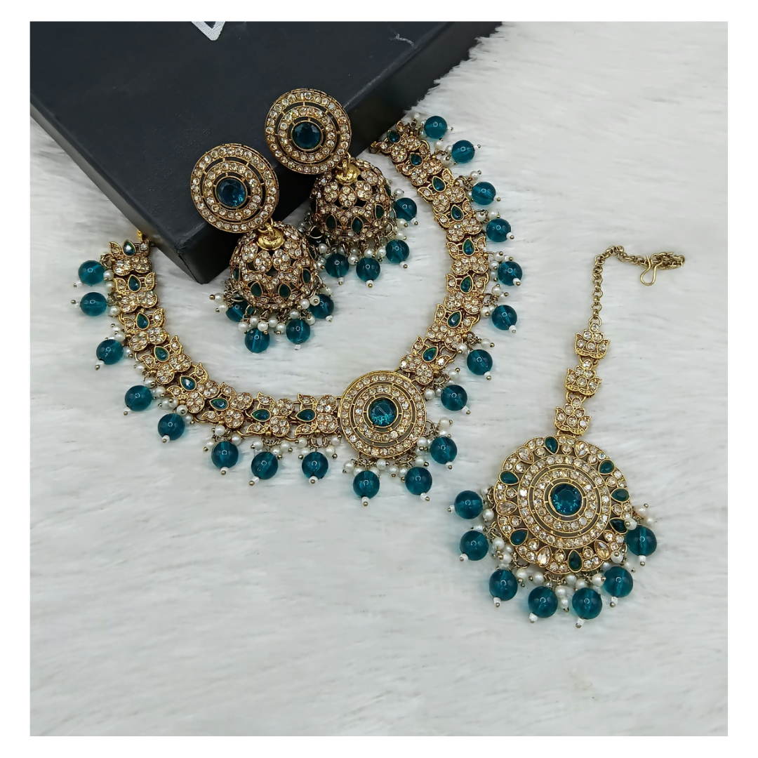 Joban Fashion Teal Blue Stone Work Necklace Set