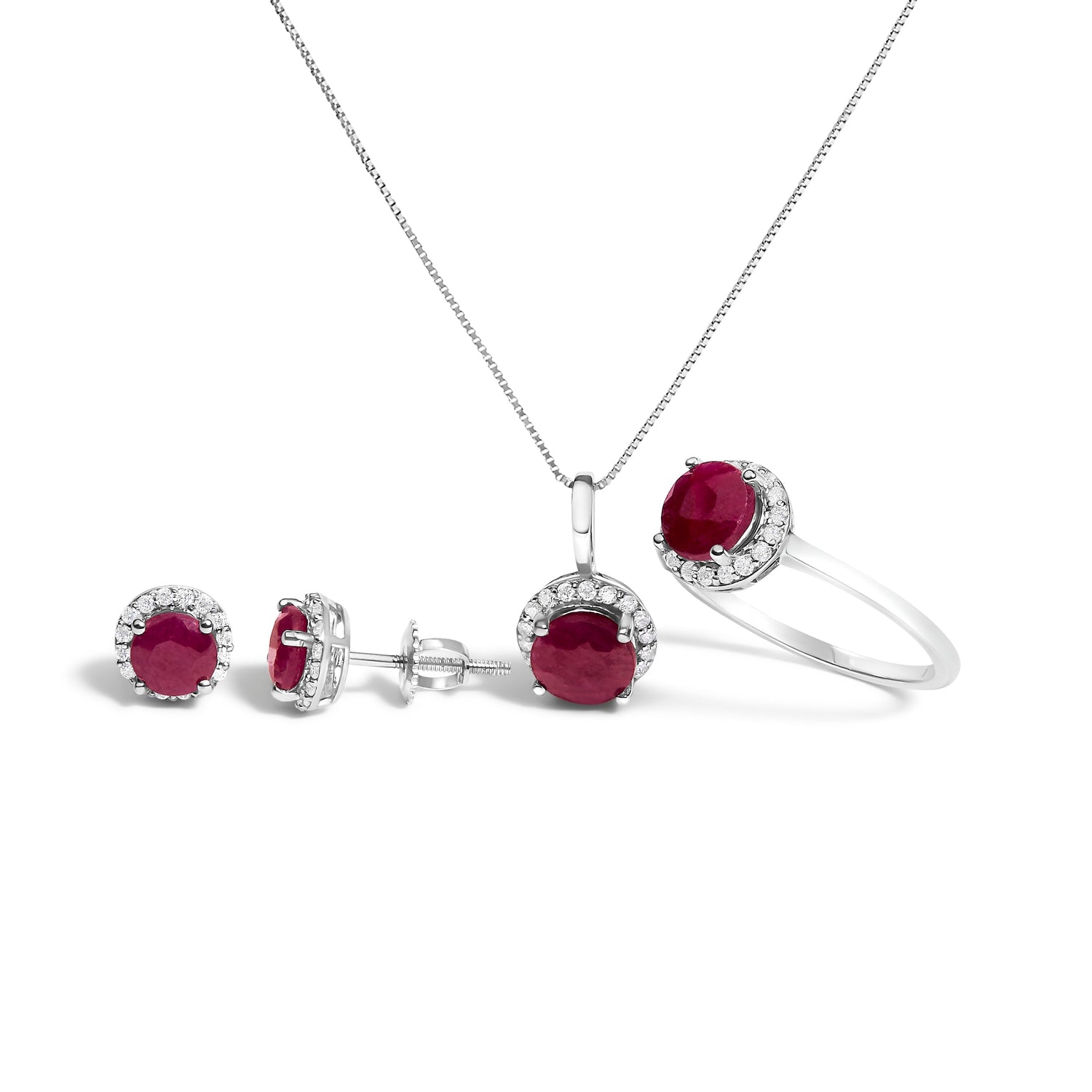 10K White Gold Purple Amethyst and 3/8 Cttw Diamond Halo Jewelry Set (Earrings, Pendant &amp; Ring)