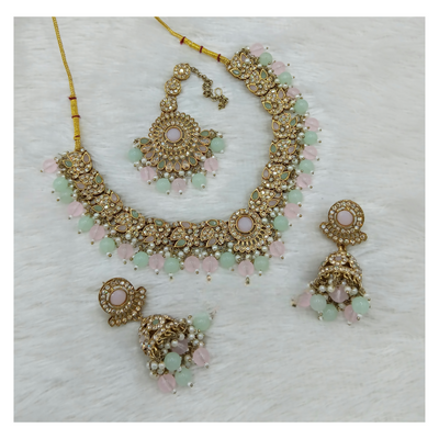 Joban Fashion L.Pink-Sea Green Stone Work Necklace Set