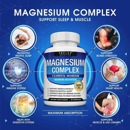 Magnesium Complex Supplement 8 Elemental 1000mg - Magnesium Glycinate, Citrate, Malate, Taurate, Chelated for Easy Absorption for Bones, Muscle, Recovery, Energy, Vegan Non-GMO 90 Capsules by VAH