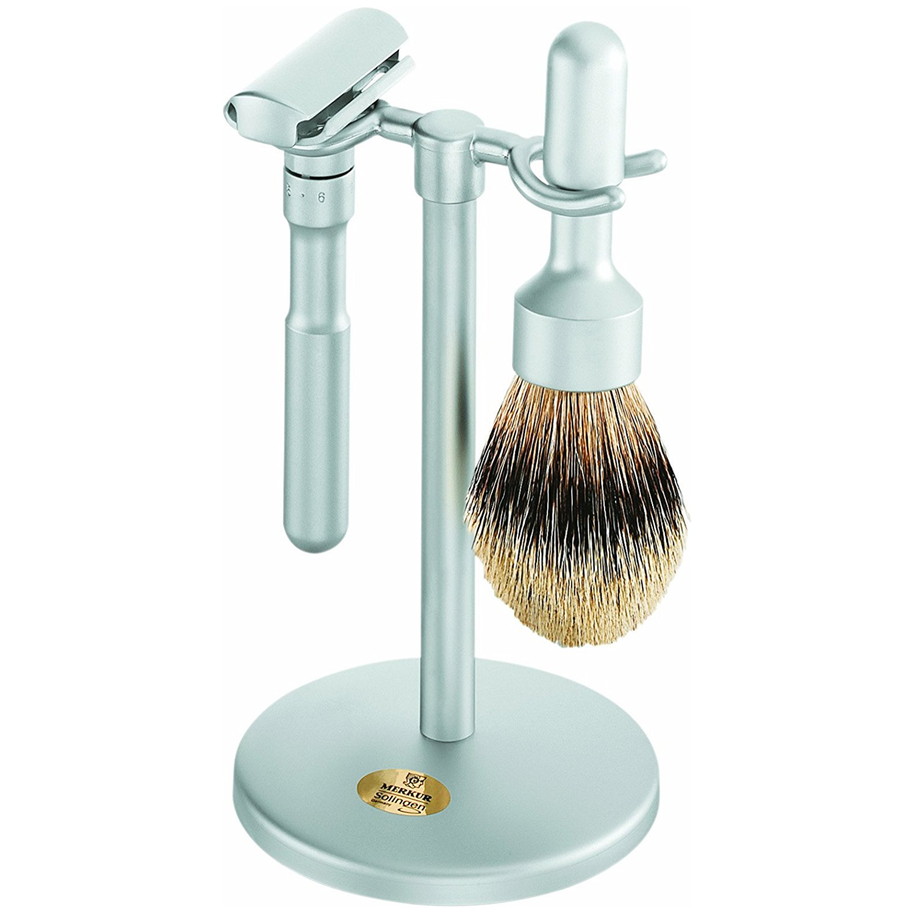Merkur Futur Brushed Chrome Stand, Adjustable Safety Razor &amp; Badger Brush 3 Piece Shaving Set by Pasteur Pharmacy
