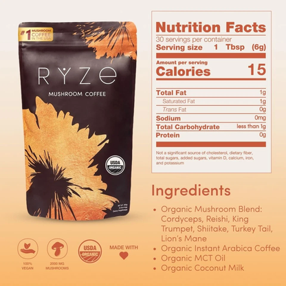 RYZE SUPERFOODS Mushroom Coffee Dark Roast, 6 Adaptogenic Mushrooms &amp; Prebiotic Blend, Instant Coffee Supports Energy, Focus, Digestion &amp; Immunity, Lions Mane &amp; Turkey Tail, 30 Servings.  DestGlow