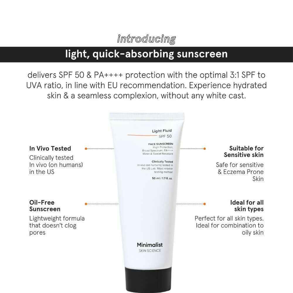 Minimalist Light Fluid Face Sunscreen with SPF 50 PA++++ - Lightweight, Water &amp; Sweat Resistant
