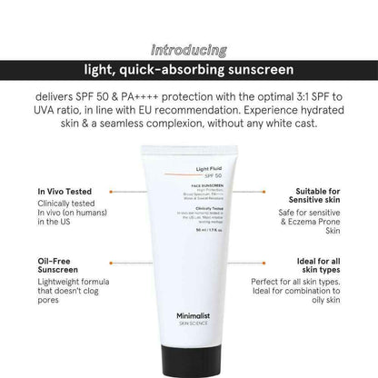 Minimalist Light Fluid Face Sunscreen with SPF 50 PA++++ - Lightweight, Water &amp; Sweat Resistant
