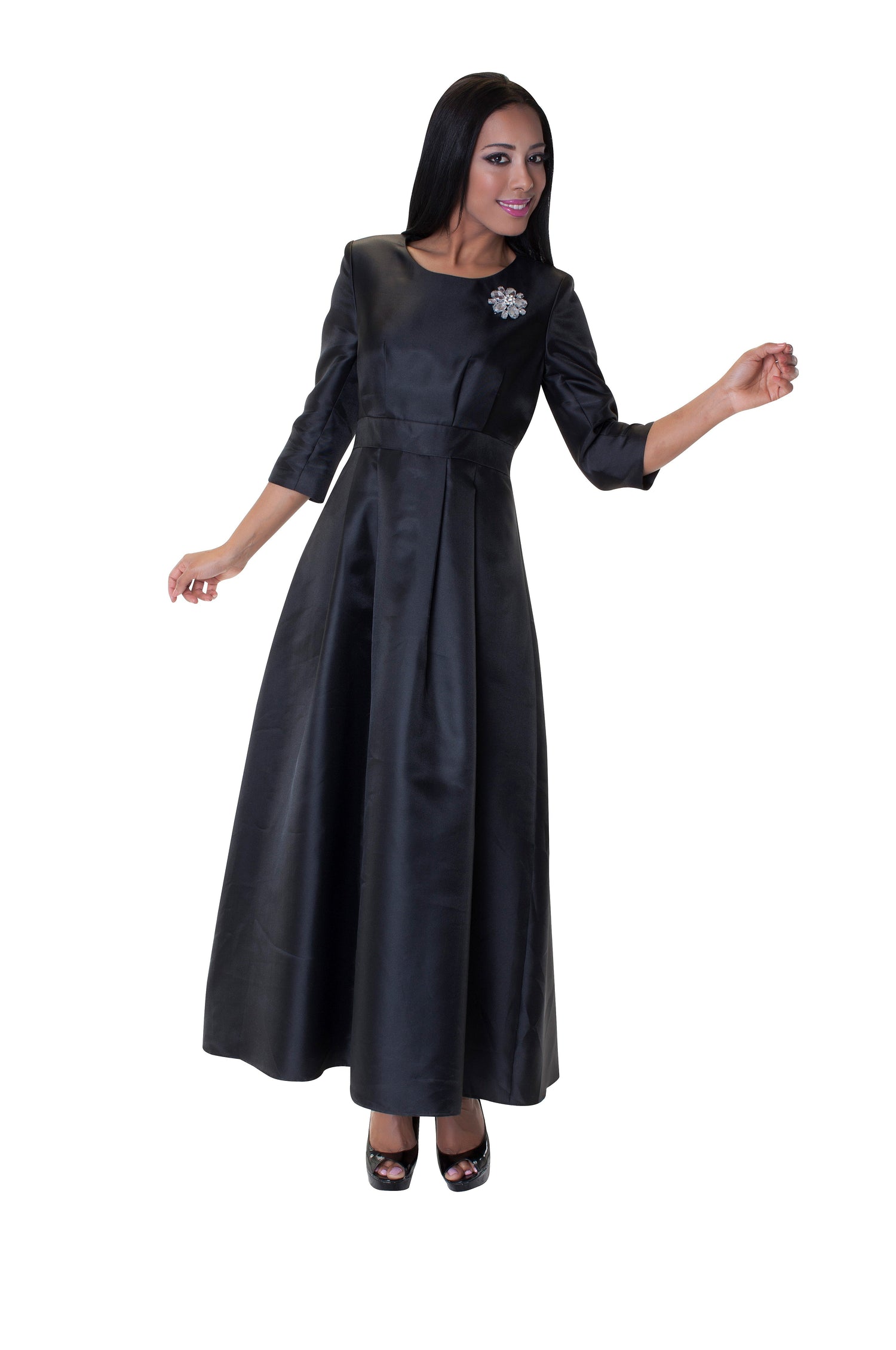 Satin Dress with Rhinestone Brooch -4497 by Tally Taylor