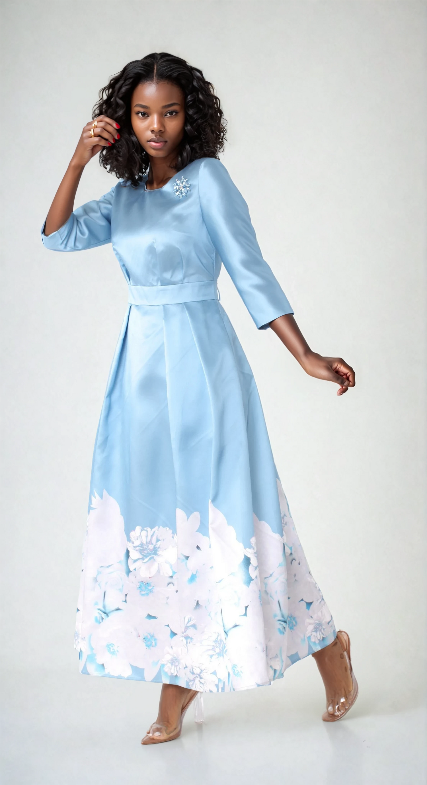 Satin Dress with Rhinestone Brooch -4497 by Tally Taylor